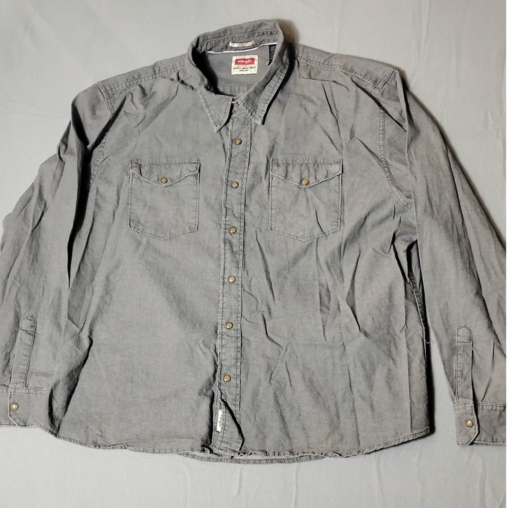 Wrangler Mens Long Sleeve Button Down Shirt Gray Chambray Work‎ Casual 3XL
